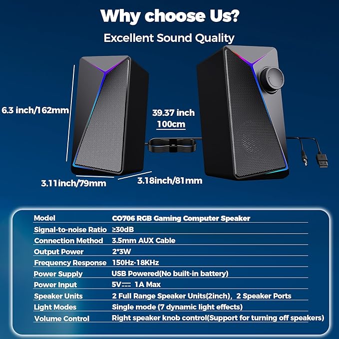 ROSON Computer Speakers Gaming PC Speakers with Enhanced Bass and Volume Control Stereo 2.0 USB Powered 3.5mm Aux Multimedia Speakers for Laptop/Desktop/Tablets/Phone
