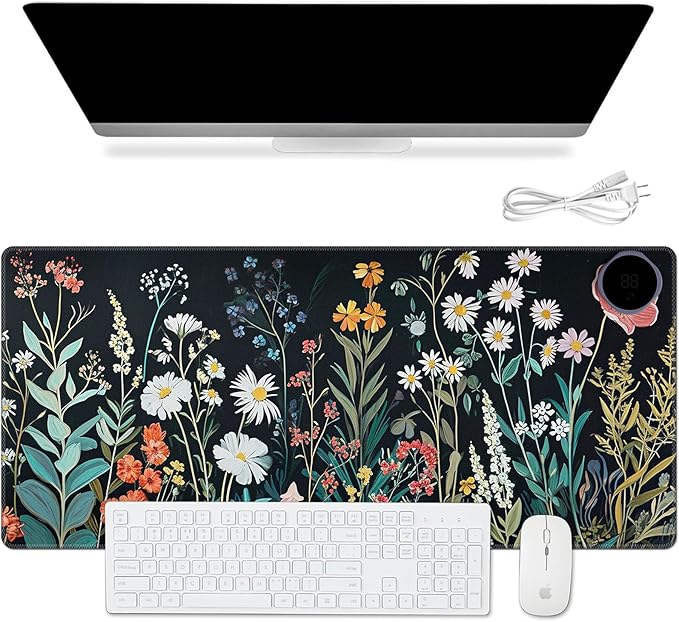 Warm Desk Pad Warm Mouse Pad Gaming Office Desk Matwith 3 Levels Heated &amp 3 Hours Auto Shut - 23.6 x 14.2 inch PU Leather Laptop Keyboard Mat for Home Office Hand WarmerCute Black Flower