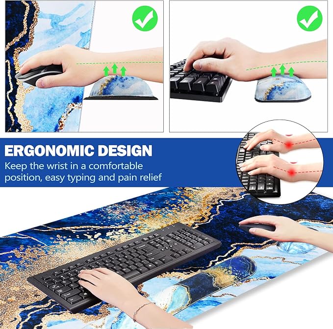 ARTSO Large Gaming Mouse Pad Keyboard Wrist Rest Pad &amp Wrist Support Mousepad Set Stitched Edge Extended Non-Slip Base Memory FoamMultifunctional Desk Mat 4pcs for Office &amp Home Blue Ma
