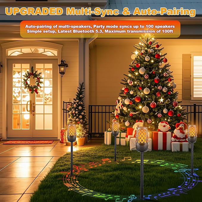 Upgraded Outdoor Bluetooth Speakers with Lights IPX6 Waterproof Flame Atmosphere Outdoor Speaker Auto-Pairing Multi-Sync up to 100 Speakers Cool Tech Gadget Gifts for Men Women Patio Garden Party