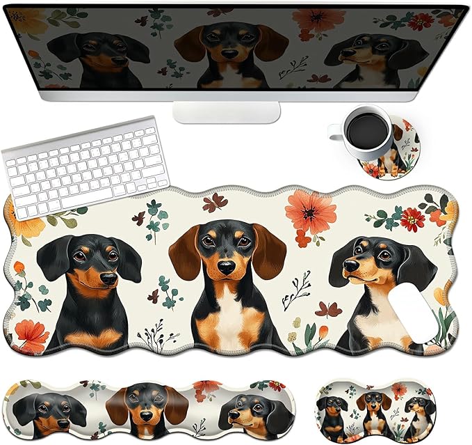 4-in-1 XXL Gaming Mouse Pad Set (31.5x11.8) with Keyboard Wrist RestMouse Wrist Support &amp CoasterNon-Slip Desk Mat for Office、Home、GamingDogs and Flowers