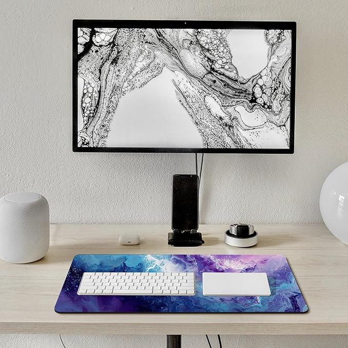 Blue Purple Marble Gaming Mouse Pad Non-Slip Rubber Base XXL Mousepad with Stitched EdgesWaterproof Washable Mouse Mat for Desk Home Office Gaming 29.5x16