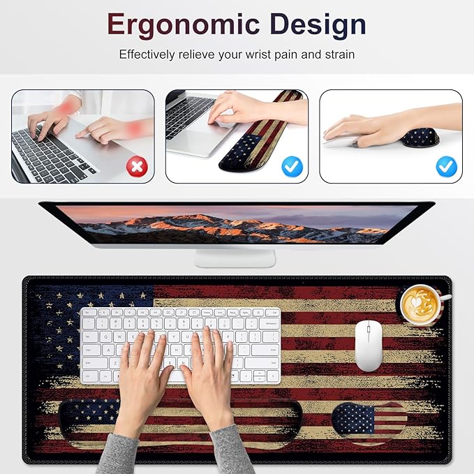 Desk Mat Pad Gaming Mouse Pad Wrist Support Set 4 in1 Non-Slip XXL Large Mousepad + Ergonomic Keyboard Wrist Rest+Mouse Wrist Rest+Coaster for Home Office PC Computer I Vintage American Flag
