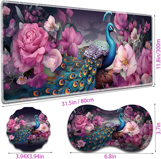 Large Gaming Mouse Pad + Mouse Wrist Rest Pad + Coaster Combination 31.5 x 11.8 Durable Non-Slip Extension Table Mat Suitable for Office and Home Peacock and Flowers