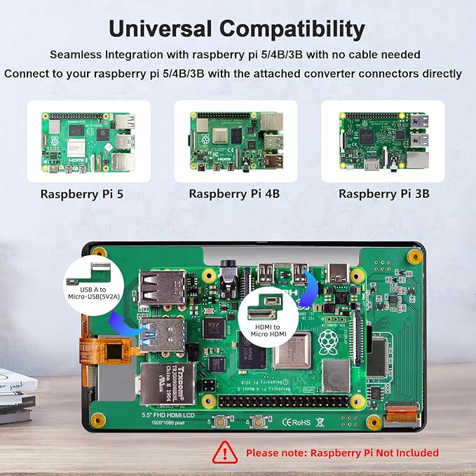 5.5 Inch Touchscreen Monitor for Raspberry Pi LCD Display 1920 * 1080 for Pi RPi 5/4/4B/3B+/3A+ HDMI Support Windows Horizontal Display in Default