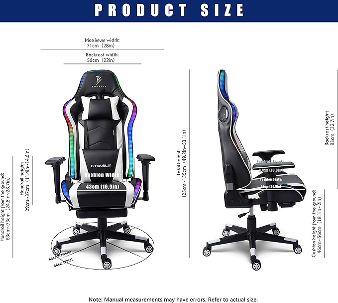TBQATNTS RGB LED Light Ergonomic Gaming Chair - Built-in Speakers Full Body Massage High-Back Office Recliner with Footrest - Comfortable Computer Chair Ideal for Adults and Teens.White
