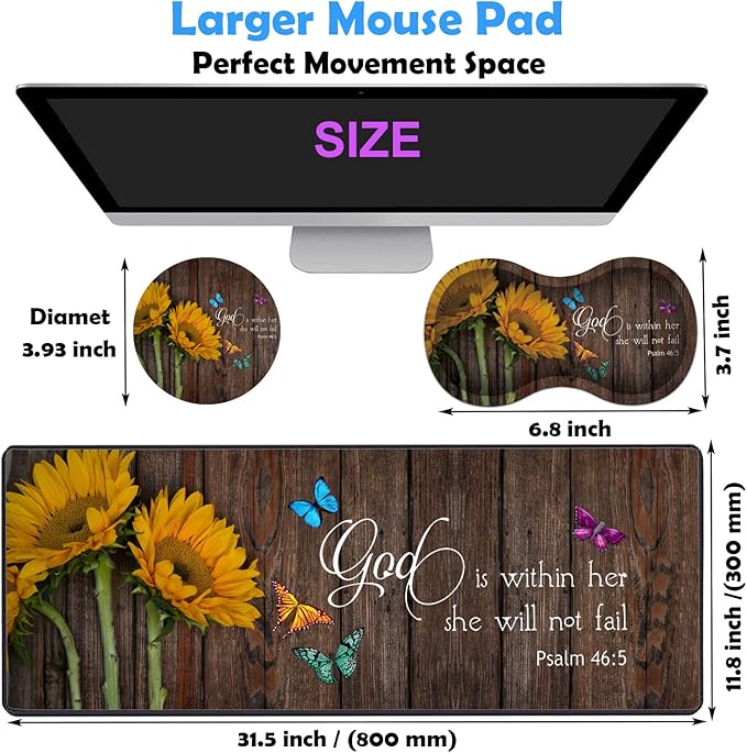 3 Piece Mouse Pad Set with Stitched Edge Large Anti-Slip Mouse Pad Desk Pad Keyboard Pad + Wrist Rest Pad + Coaster Memory Foam Wrist Rest for Office/Home - Psalm 46:5 Sunflower