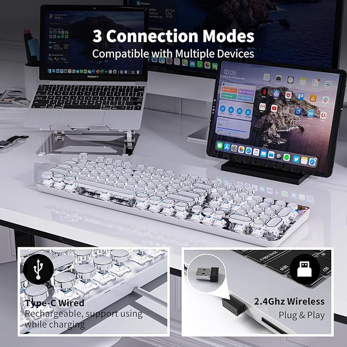TK950 Wireless Typewriter Keyboard and Mouse Combo104 Keys Retro Typewriter Mechanical Keyboard with White Backlit Anti-Ghosting Blue Switch Bluetooth/2.4G/Wired Cute Gaming Keyboards-White