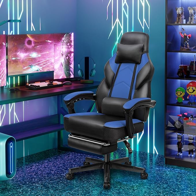 Vongrasig Ergonomic Gaming Chair for Adults PU Leather Office Seat with Head &amp Foot Rests (Blue)
