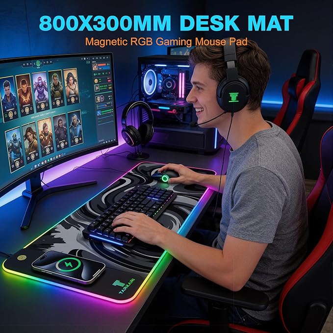 TARKARI Magnetic Wireless Charging RGB Mouse Pad Large Gaming Desk Mat Waterproof 31.5x11.8 Black Mousepad Ultra-Smooth Surface Non-Slip Rubber Base Desk Pad for Keyboard Laptop