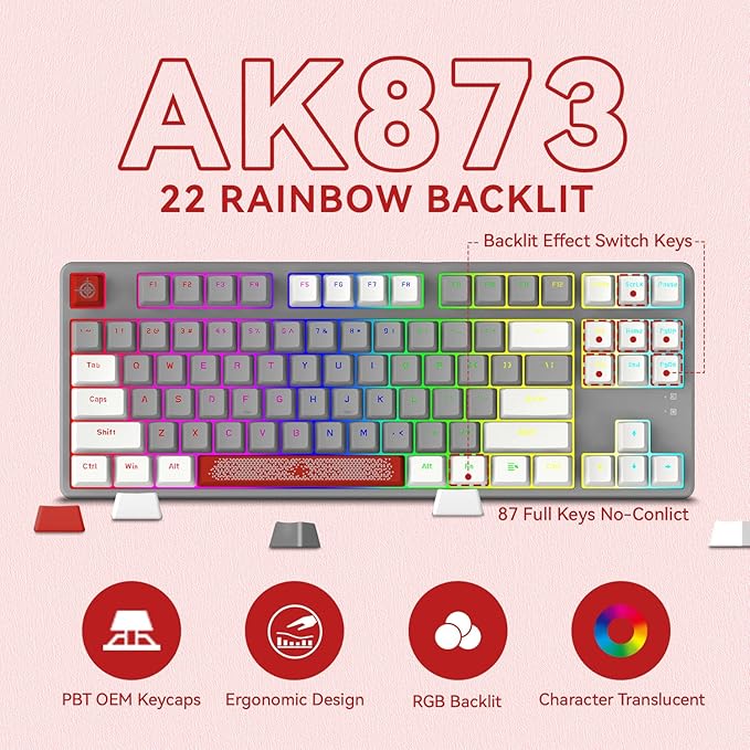 Magic-Refiner AK873 Gaming KeyboardRainbow Led BacklitHot-Swappable Linear Red SwitchPBT Keycap75% TKL LayoutErgonomic Mechanical Keyboard with Custom Coiled USB/Type-C Aviation Cable(White Grey)