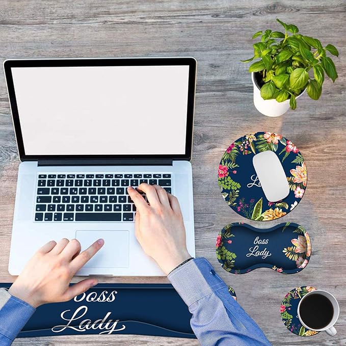 Ergonomic Keyboard Wrist Rests Gel Memory Foam Mouse Pad with Round Mousepad + Coasters Wrist Support Set with Non Slip Base for Gaming Office Laptop Easy Typing &amp Pain Relief Floral Boss Lady