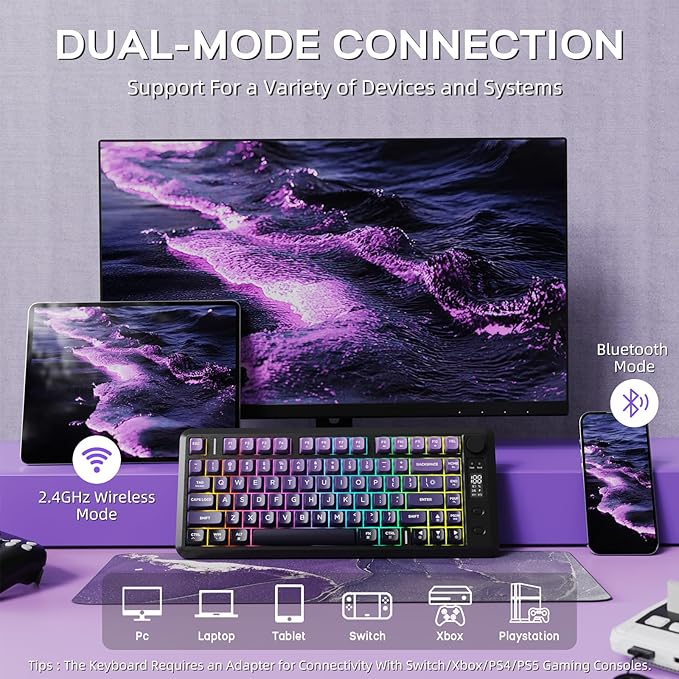 M75 Wireless Gaming Keyboard Mechanical Feel Membrane with Knob &amp OLED Display Bluetooth/2.4Ghz Rainbow Backlit Gradient PBT Keycaps 2000mAH Battery Anti-Ghosting-Purple