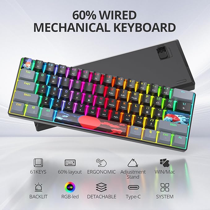 Protable 60% Percent Gaming Keyboard Mechanical Mini Compact RGB Backlit 61 Keys Wired Office Keyboard with Blue Switch for Mac/Win (Dark/Blue Switch)