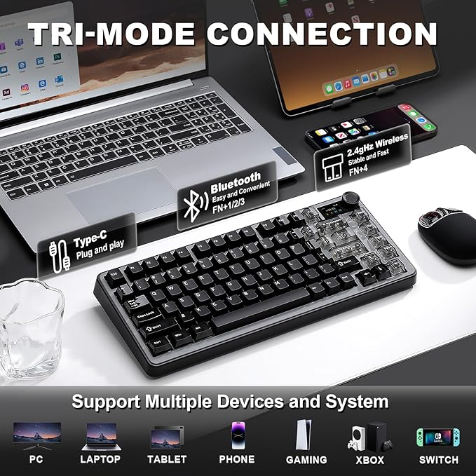 YUNZII B75 PRO MAX QMK/VIA Wireless Mechanical Keyboard75% Layout with Screen and KnobCustom Hot Swap GasketCreamy Pre-lubed SwitchesBluetooth/Type-C/2.4G for Win/Mac (BlackCocoa Cream V2 Switch)