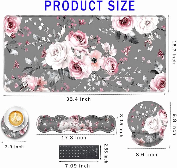 Mouse PadLarge Pink Desk Mat 4in1 XXL Mousepad + Keyboard Wrist Rest+Mouse Wrist Rest+Coaster Set with Ergonomic Desk Pad for Home Office Table Computer-Gray Rose Floral