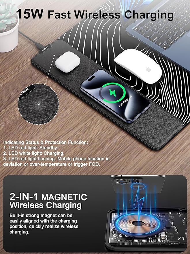 TopMade Mouse Pad with 15W Fast Wireless Charging 31.5x15.75 XXL Large Gaming Waterproof Desk Pad with Ultra-Smooth Surface Non-Slip Base Computer Desk Mat Black Topographic Map #1