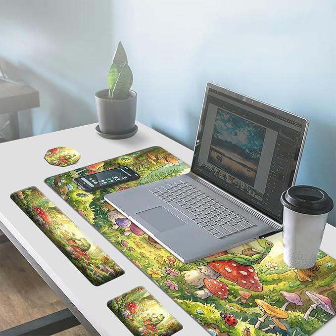 Large Gaming Mouse Pad + Memory Foam Ergonomic Keyboard Wrist Rest Support + Wrist Rest + Coaster Green Desk Decor Mat Stitched Edge Non Slip Desk Mat 4PC for Office &amp Home Cute Frog Kawaii