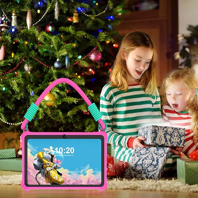 PRITOM Lanyard Kids Tablet 7 inch 32GB Toddler Tablet Android 13 with WiFi Dual Camera Education Games Kids Software Pre-Installed Parental Control Pink