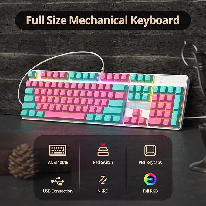 RGB Pink Gaming Keyboard 104-Key Wired Mechanical Keyboard with Number Pad Linear Red Switch NKRO Full Size for Windows Laptop PC Gamer
