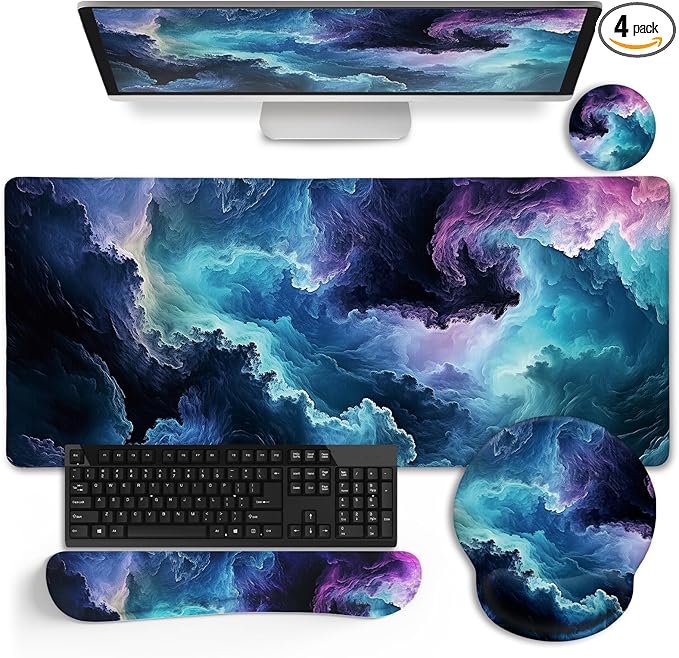 Galaxy Mouse Pad Set Large Desk Matt for Desktop Ergonomic Mouse Pad with Wrist Rest Gaming Mousepad Wrist Support Keyboard Mat Cup Coaster Set Cute Office Desk Decor Accessories