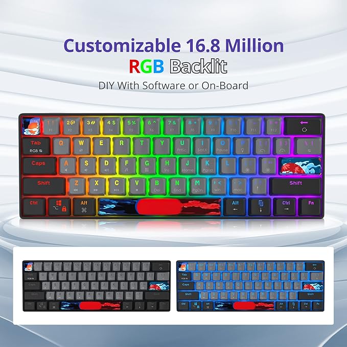 60% Mechanical Keyboard Black and Grey Compact Gaming RGB Backlit 61 Keys Mini USB Wired for Windows Mac Laptop PC (61 Dolch/Red Switches)
