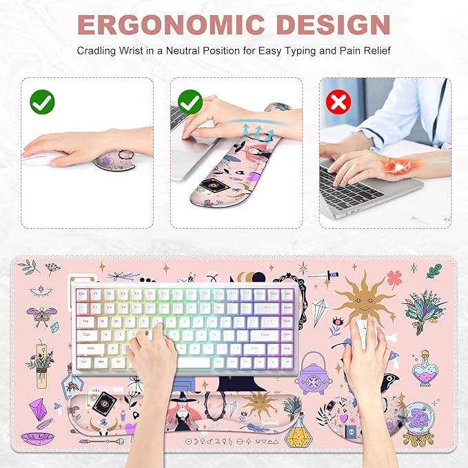 Pink Keyboard Mouse Pad Set Large Gaming Deskpad Rectangle +Keyboard Wrist Rest +Mouse Wrist Support +Coaster Ergonomic Memory Foam Mousepad Combo Witch Mirror