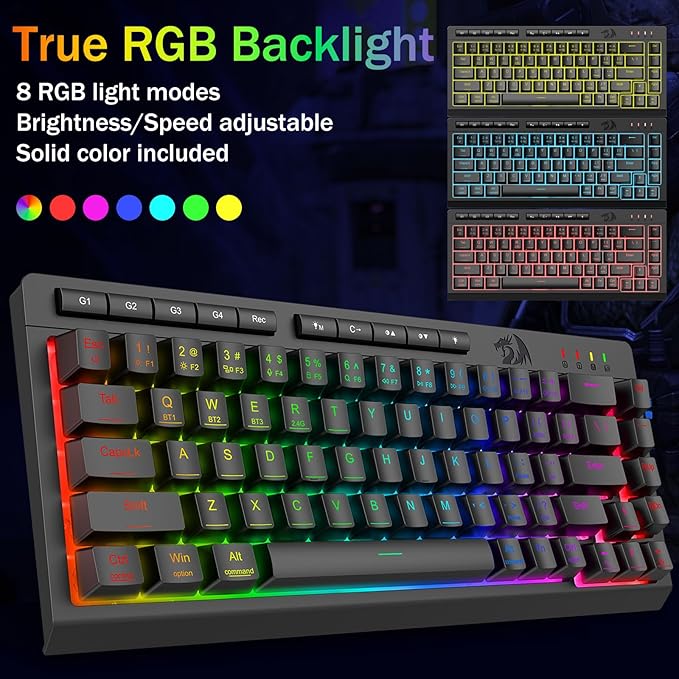 Redragon Portable Wireless Gaming Keyboard Bluetooth/2.4GHz/USB-C Wired RGB Backlit 60% Mini Quiet Macro Membrane Keyboard Rechargeable 4000mAh Battery Anti-Ghosting for Win/MAC