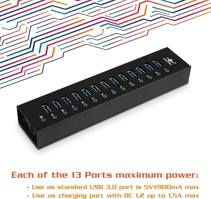 13-Port USB 3.0 Aluminum Hub (All Data/Charging BC 1.2) 12V/5A Premium Power Adapter (UGT-AH131U3-BK)