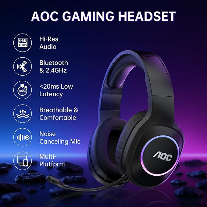 AOC Wireless Gaming Headset Compatible with PS5/4 Nintendo Switch PC Bluetooth 5.4 &amp 2.4GHz Gaming Headphones with Noise Canceling Mic RGB Type-C 20ms Latency 45H 7.1 Virtual Surround- Bla