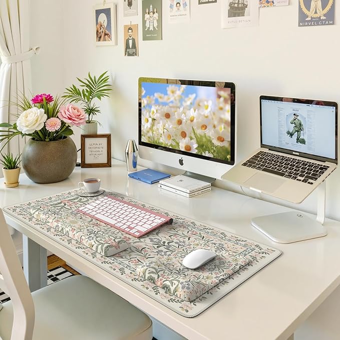 iLeadon Desk Protector Mat Cute Ergonomic Wrist Pad for Keyboard and Mouse Non Slip Desk Mat with Wrist Rest Extra Large Full Desks Mouse Pad with Coaster for Women Office (Grey)