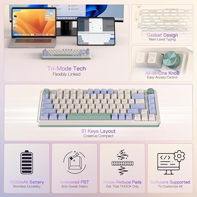 Redragon K673 PRO 75% Wireless Gasket RGB Gaming Keyboard 3-Modes 81 Keys Compact Mechanical Keyboard w/Hot-Swap Socket Dedicated Knob Control &amp Sound Absorbing Pads Linear Red Switch