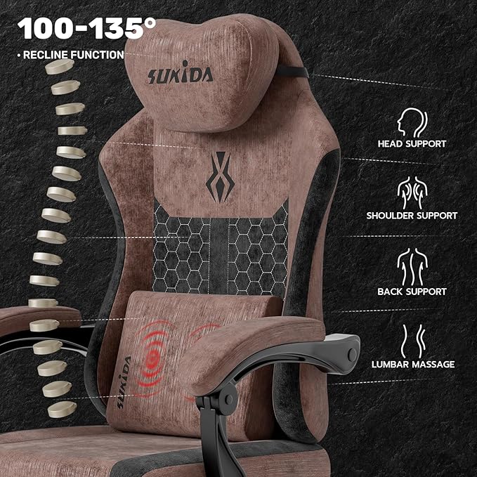 SUKIDA Fabric Video Gaming Chair Ergonomic High-Back Computer Game Chairs with Large Massage Adjustable Lumbar Support Headrest and Linked Armrests for Long Hours Sitting Task Chair Brown