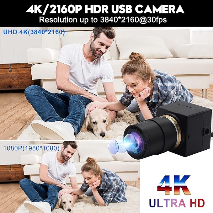 4K Wide Angle Varifocal Zoom Lens Webcam Ultra HD 2160P 30fps Plug and Play USB Computer Camera for Windows/Linux/Raspberry Pi/Mac