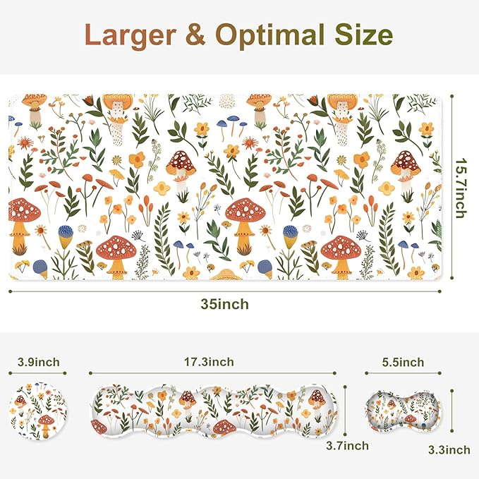 Desk Mat Gaming Mouse Pad Cute Keyboard Wrist Rest Anti-Slip XXL Mouse Pad with Stitched Edges Mushroom Plant Leaf Theme