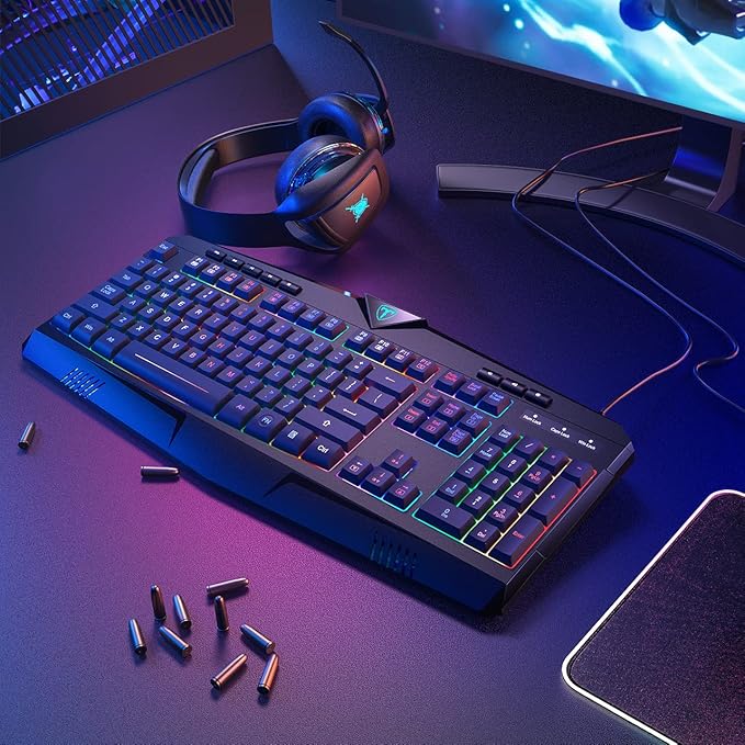 Gaming Keyboard Full Size RGB Backlit Quiet Computer Keyboard Wrist Rest Silent Keys Multimedia Keys Anti-ghosting Waterproof Light Up USB Wired Keyboard for PC Mac Xbox Gamer Office