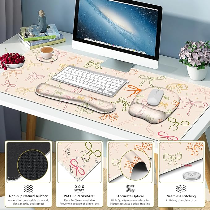 Apricot Mouse Pad with Wrist Support 4 in1 Set XXL Big Game Mousepad + Keyboard Wrist Rest + Mouse Wrist Rest Pad +Coaster Gaming Mat for Home Office Work Computer I Colorful Cute Girl's Bow