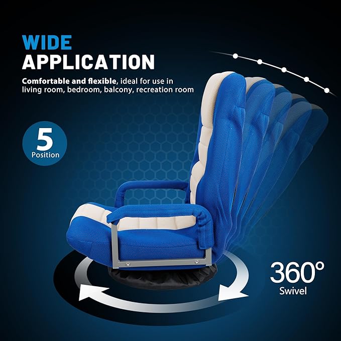 360 Degree Swivel Gaming Chair Foldable Floor Sofa Chair for TV Reading Playing Video Games with Lumbar Support Armrest Handles Adjustable Backrest Blue &amp Beige