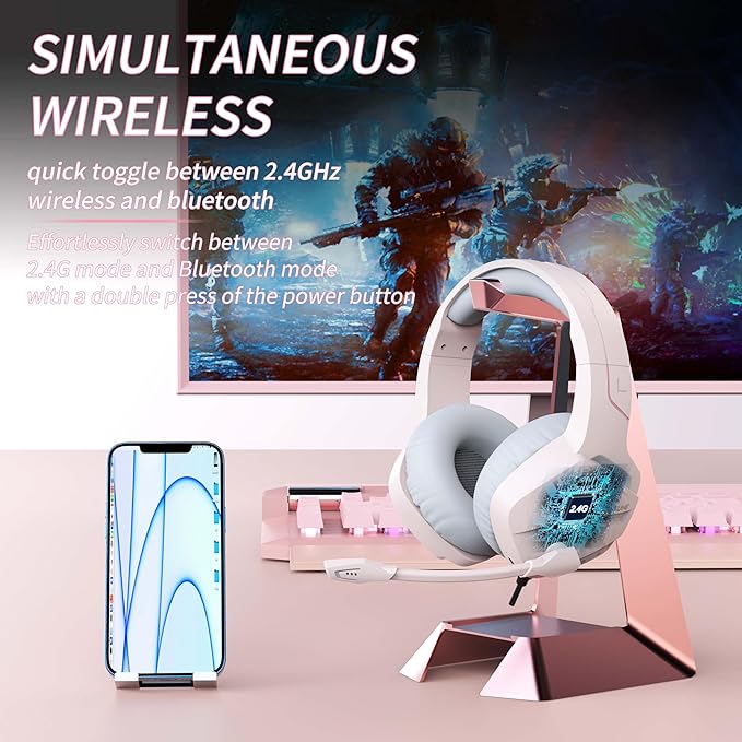 BINNUNE 2.4GHz Wireless Gaming Headset Bluetooth 5.3 Gaming Headphones with Noise Canceling Mic 120H Ultra-Long Battery 50mm Drivers Multi-Platform for PC / PS5 /PS4/ Switch/Mobile Pink
