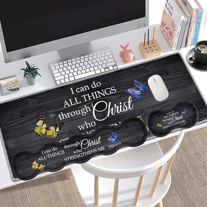 Large Gaming Mouse Pad + Keyboard Wrist Rest + Wrist Support + Coaster Set Memory Foam Ergonomic for Easy Typing XXL Extended Gaming Mouse Pad Table Pad - Vintage Wooden Bible
