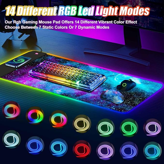 ToLuLu Wireless Charging RGB Gaming Mouse Pad 15W LED Mouse Mat with 30W Charger 14 Light Modes Large Mousepad with Wrist Support Non-Slip Rubber Base Desk Mat Computer Keyboard Pad Galaxy Nebula