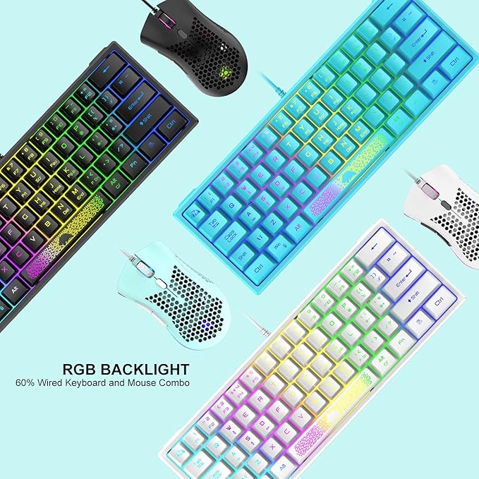 60% Gaming Keyboard and Mouse Combo Samll Mini RGB LED Backlight Mechanical Feeling and RGB 6400 DPI Honeycomb Optical MouseGaming Mouse pad for Gamers and Typists