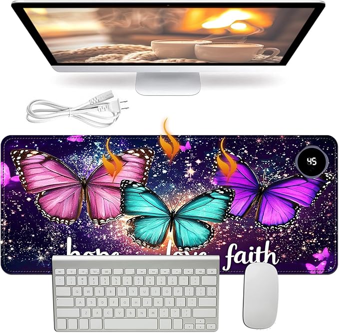 Heated Mouse Pad - 3 Temperature Settings (86°F–122°F)Auto Shut OffLarge 31.5x13 Inch PU Leather Desk Mat for OfficeGamingCold Hands ReliefPurple Butterflies