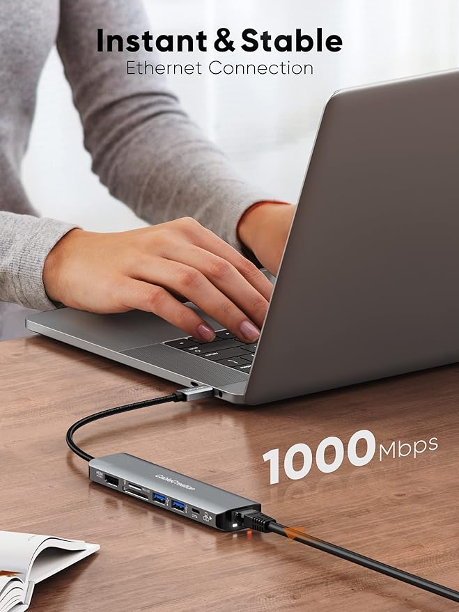 USB C Hub 4K 60Hz CableCreation 7-in-1 USB-C Hub Multiport Adapter with 1Gbps Ethernet HDMI 2 USB 3.0 Ports 100W PD and SD/TF Cards Reader Compatible with Steam Deck MacBook Pro/Air iPad Pro
