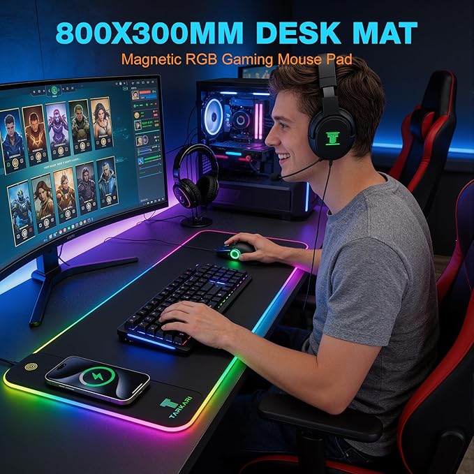TARKARI Magnetic Wireless Charging RGB Mouse Pad Large Gaming Desk Mat Waterproof 31.5x11.8 Black Mousepad Ultra-Smooth Surface Non-Slip Rubber Base Desk Pad for Keyboard Laptop