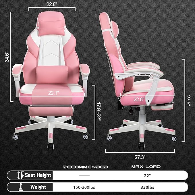 Meilocar Gaming Chair with Footrest Video Game Chair for Adults Ergonomic Big and Tall Computer Chairs with Massage Lumbar Support 330lbs 360° Swivel Seat (Pink)