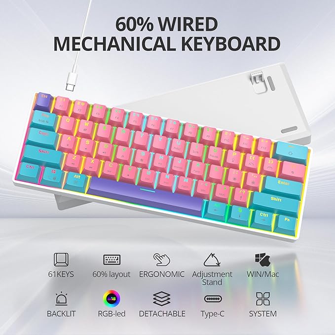 Protable 60% Percent Gaming Keyboard Mechanical Mini Compact RGB Backlit 61 Keys Wired Office Keyboard with red Switch for Mac/Win (Zhi/red Switch)