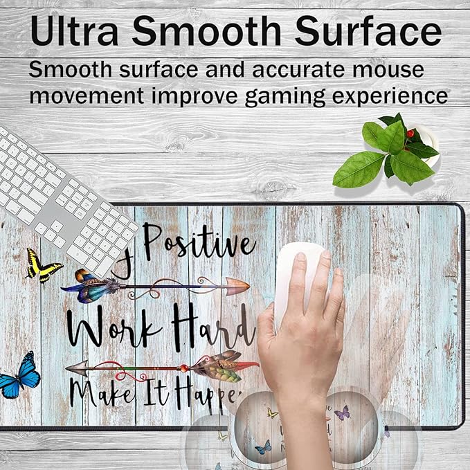 Large Game Mouse Pad + Wrist Support Pad + Coffee Coaster Stay Positive Work Hard and Make It Happen Foldable Table Mat with Stitched Edge Non-Slip Set Pad Suitable for Office Work and Home