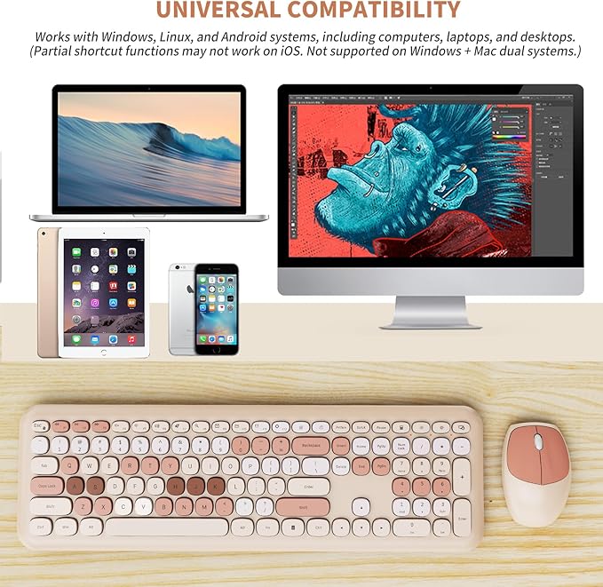 Wireless Keyboard and Mouse Combo Colorful Ergonomic Full Size Retro Low-Noise Keyboard with Cute keycaps Compatible with Windows PC Perfer for Home and Office Keyboards (Brown)
