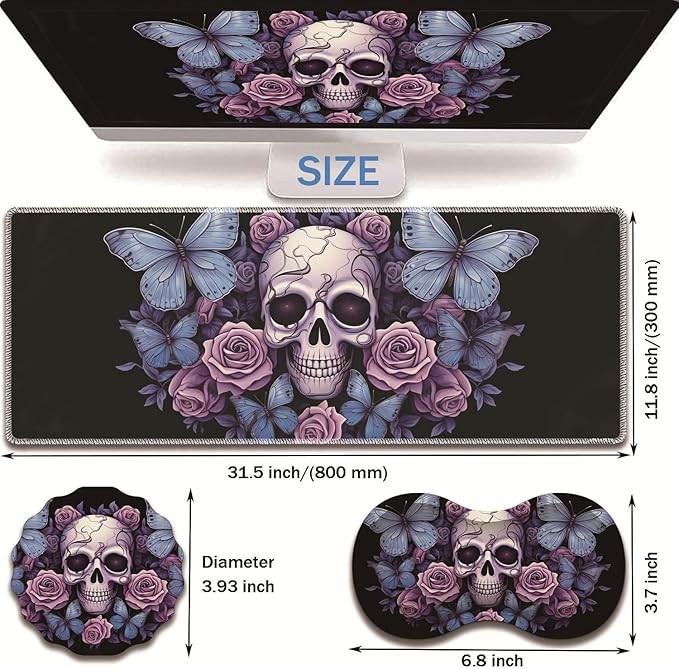 Extended Non-Slip Mouse Pad + Mouse Wrist Rest + Lace-Shaped Coaster Set Ergonomic Design Suitable for Desk and Home Gaming Table Mat Skull Butterfly Roses